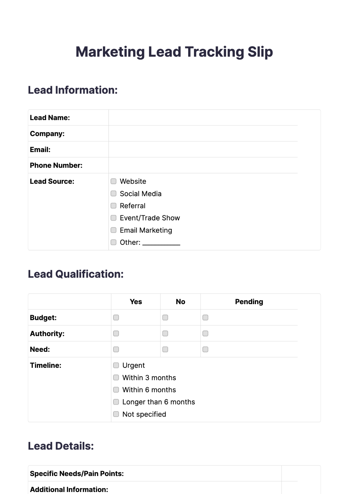 Marketing Lead Tracking Slip Template - Edit Online & Download