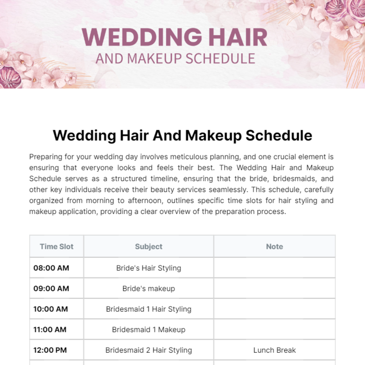 Free Wedding Schedule Templates Editable And Printable Free Wedding Schedule Templates Editable And Printable