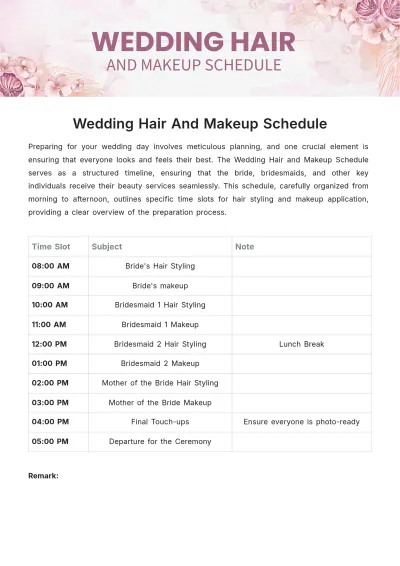 Free Wedding Hair And Makeup Schedule Template to Edit Online