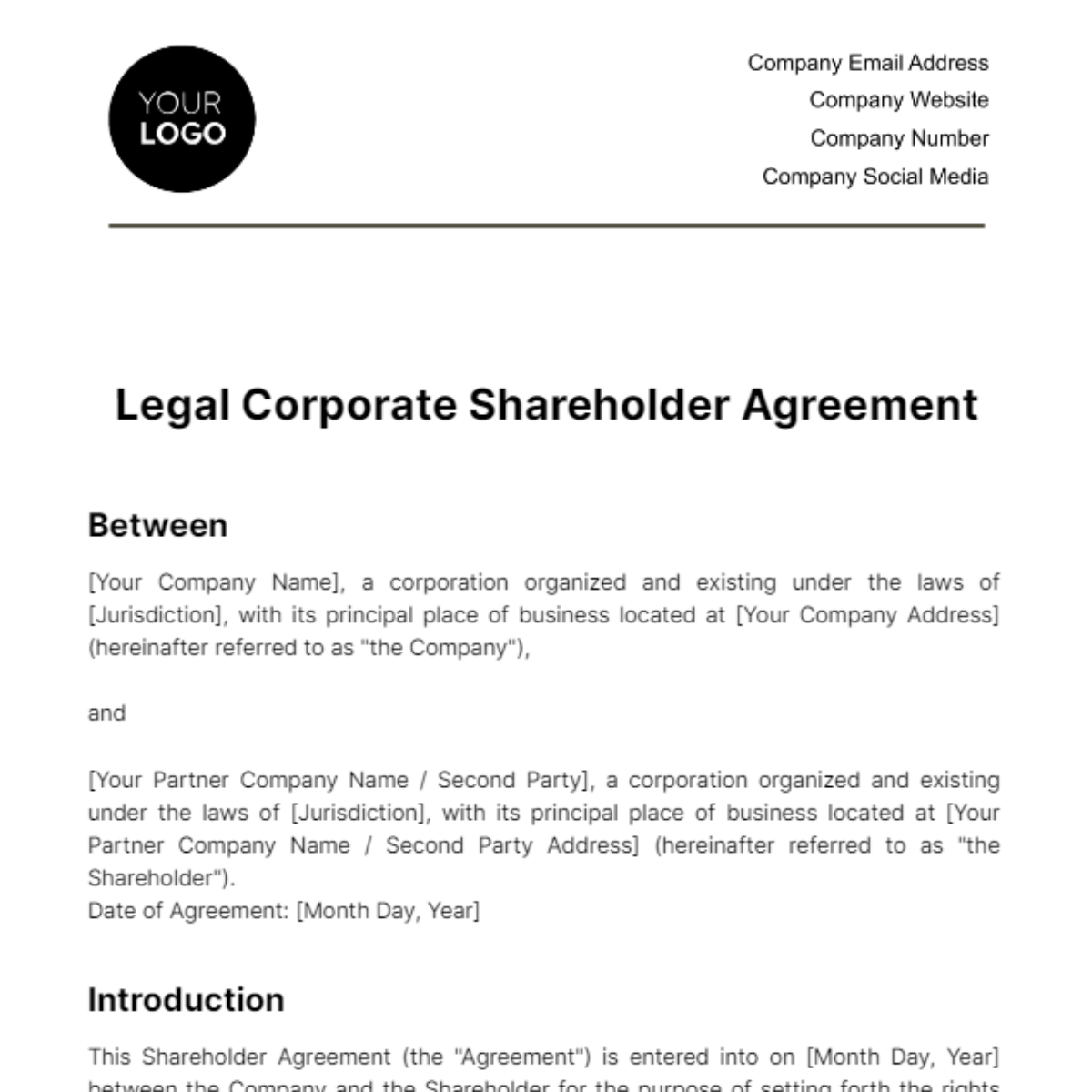 Legal Corporate Shareholder Agreement Template