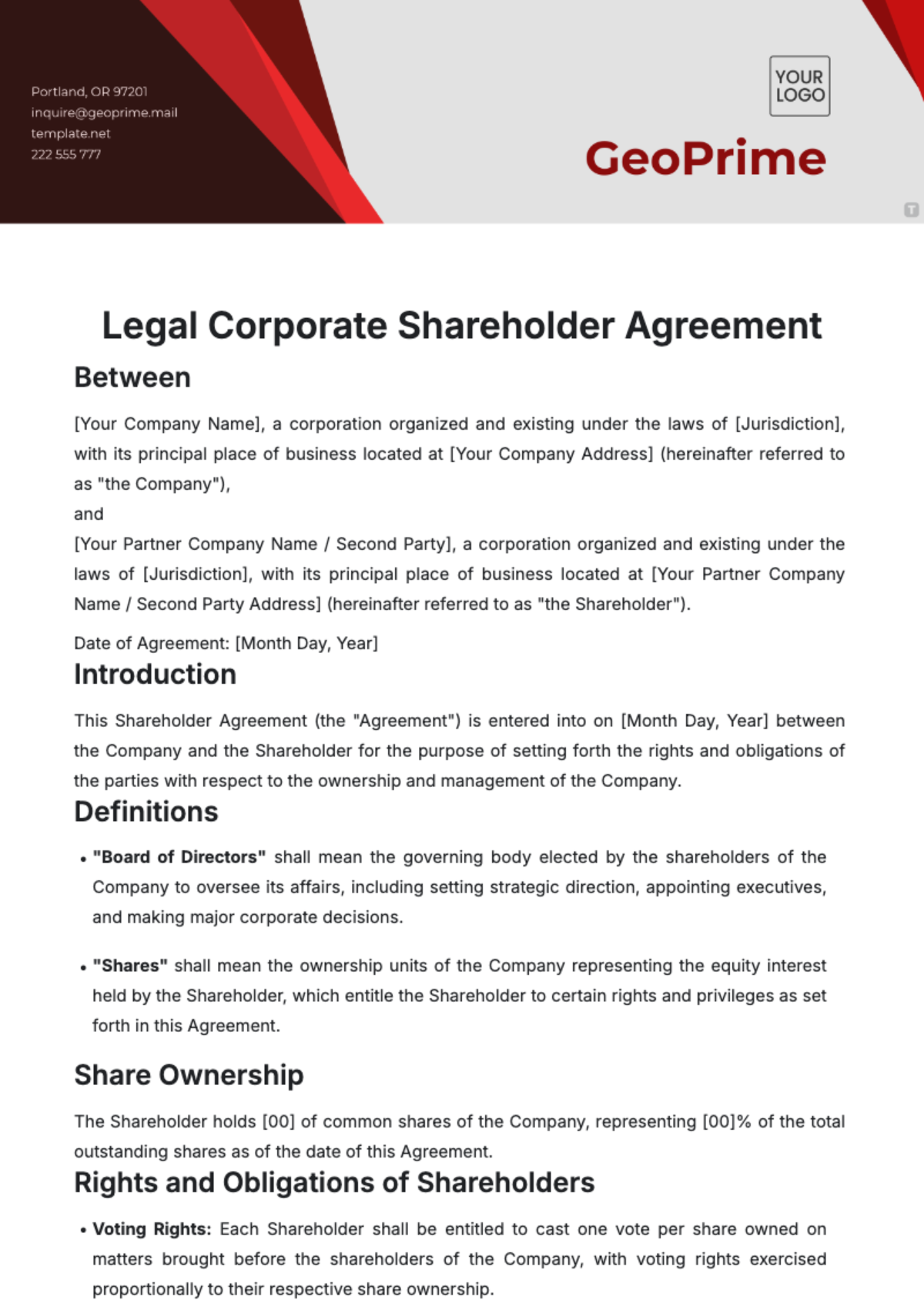 Free Legal Corporate Shareholder Agreement Template