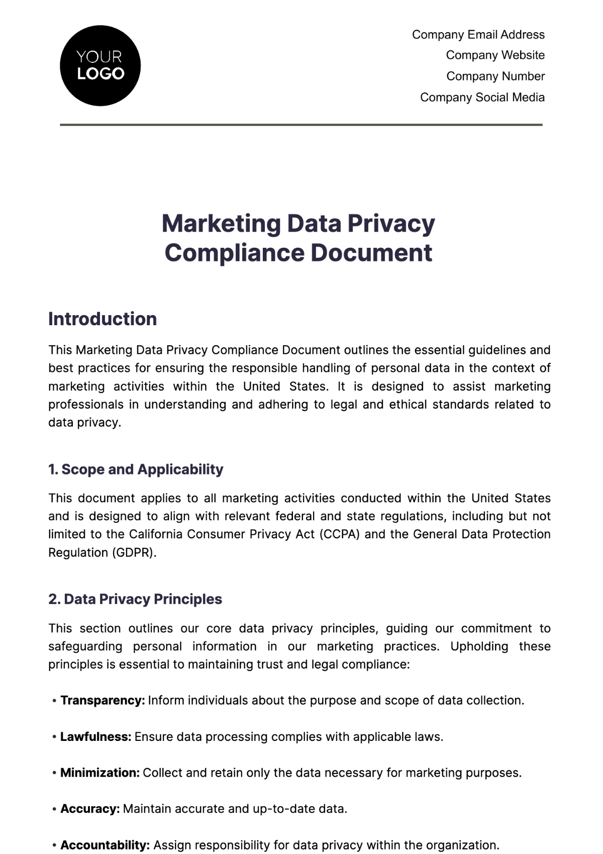 Marketing Data Privacy Compliance Document Template - Edit Online & Download