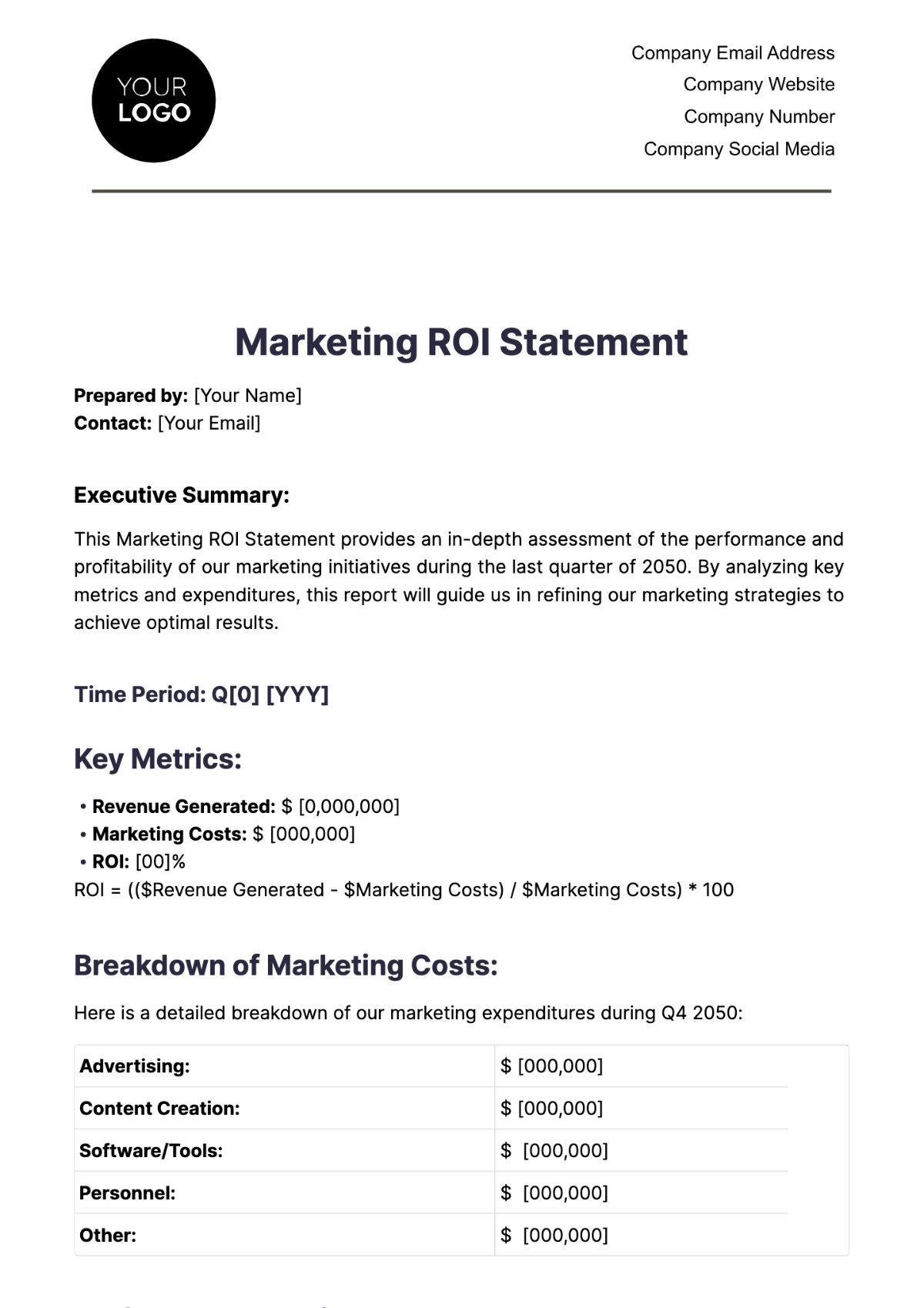 Marketing ROI Statement Template - Edit Online & Download