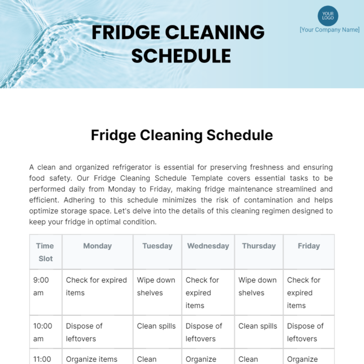 Fridge Cleaning Schedule Template