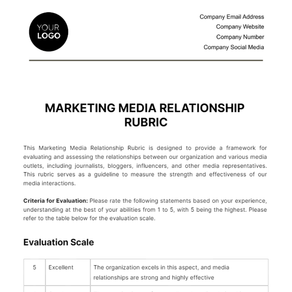 Marketing Media Relationship Rubric Template