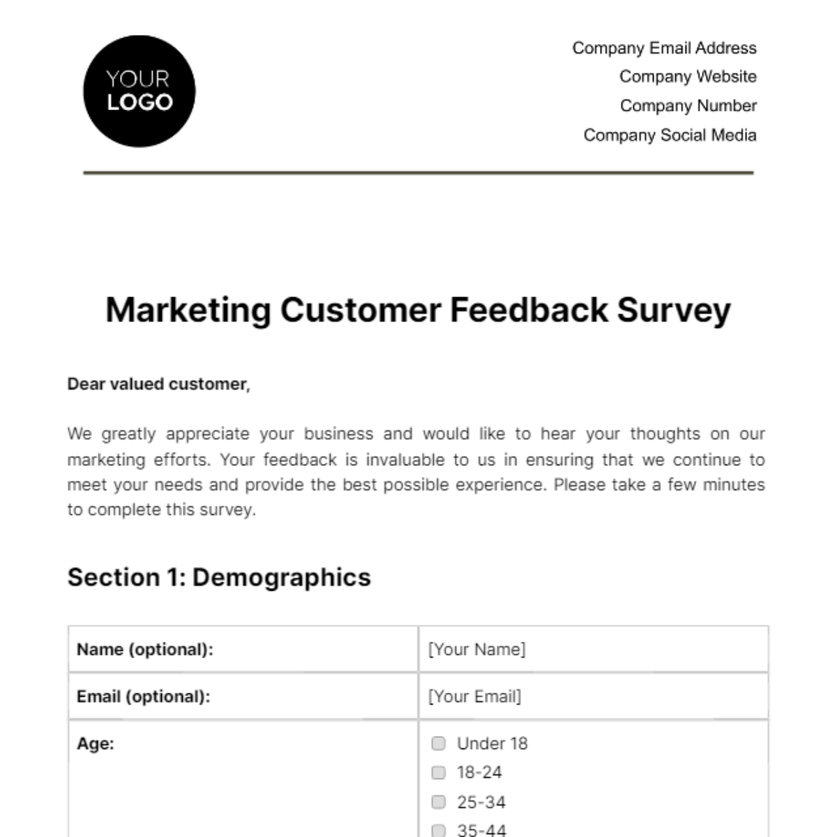 Free Marketing Customer Feedback Survey Template