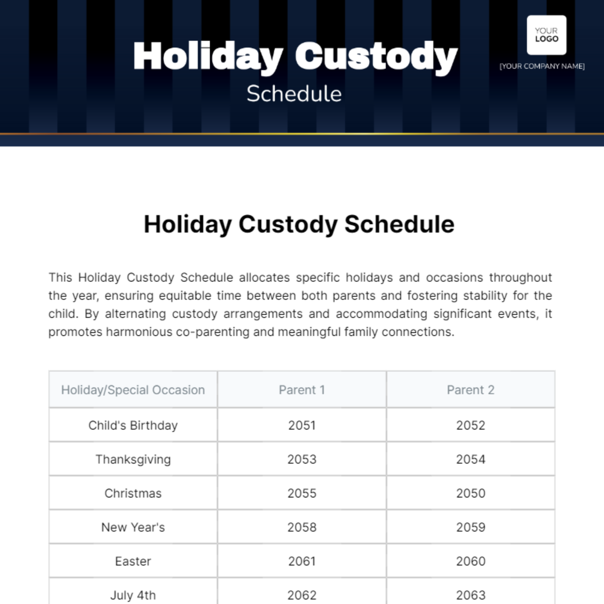 Holiday Custody Schedule Template - Edit Online & Download