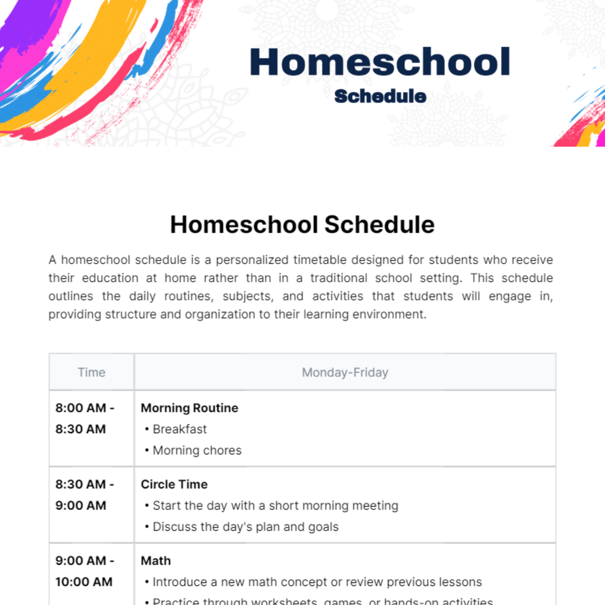 Homeschool Schedule Template