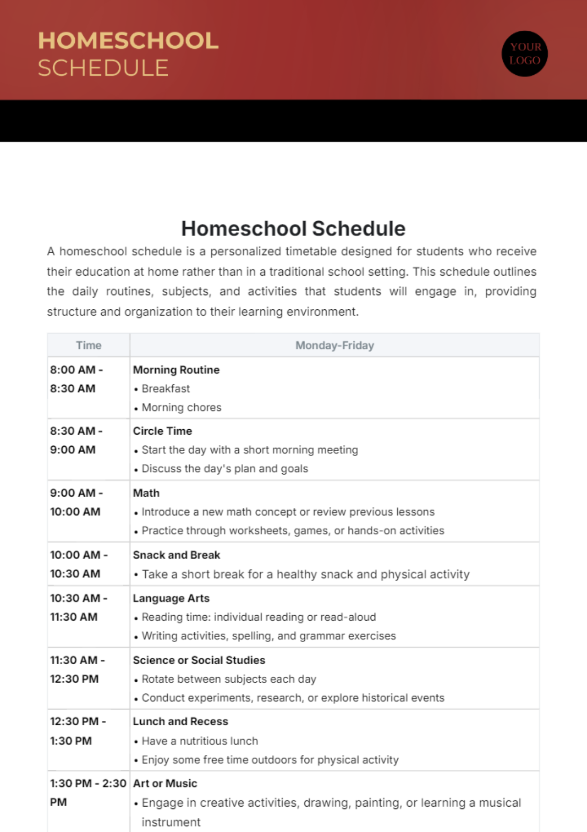 Homeschool Schedule Template