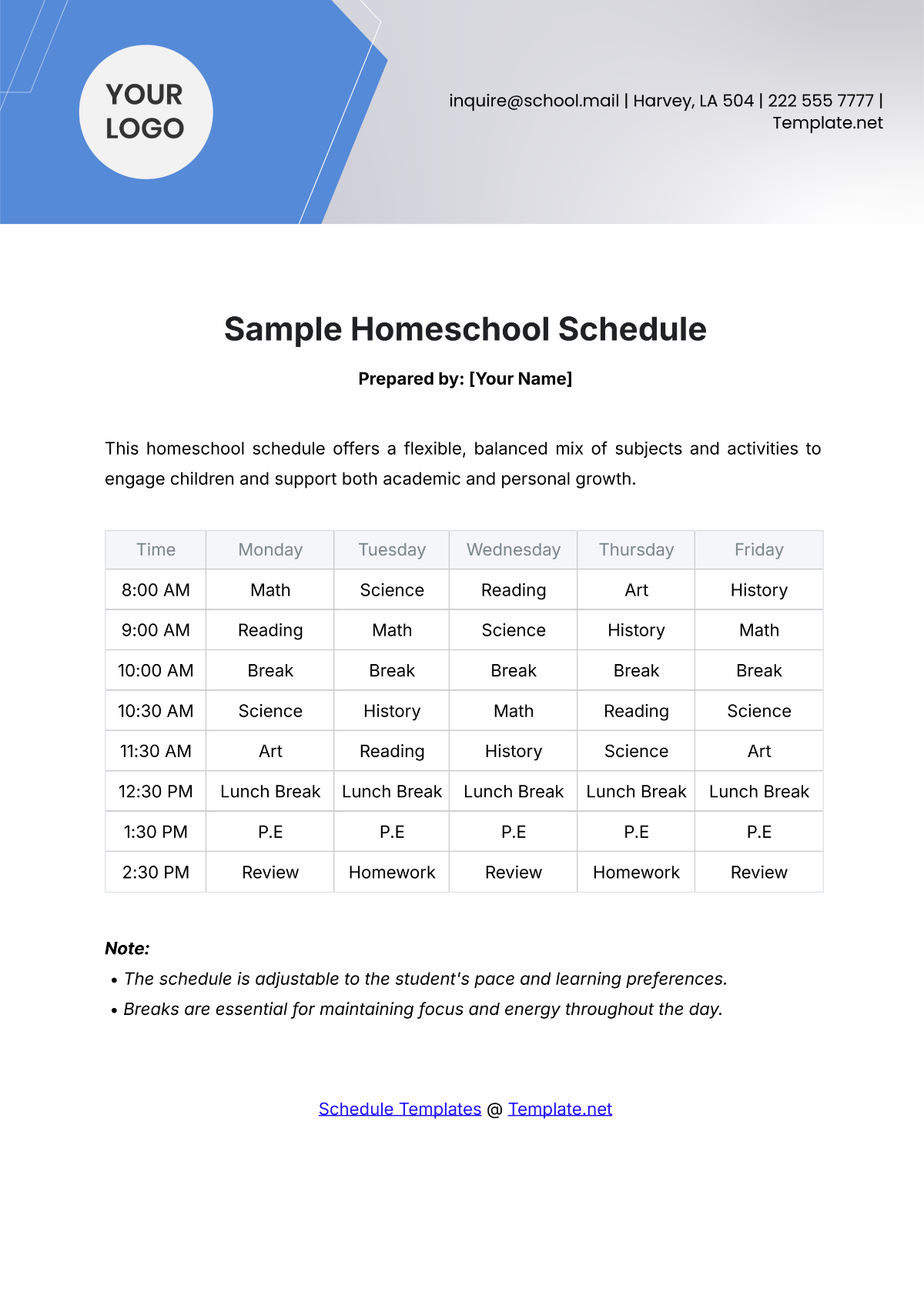 Sample Homeschool Schedule Template - Edit Online & Download