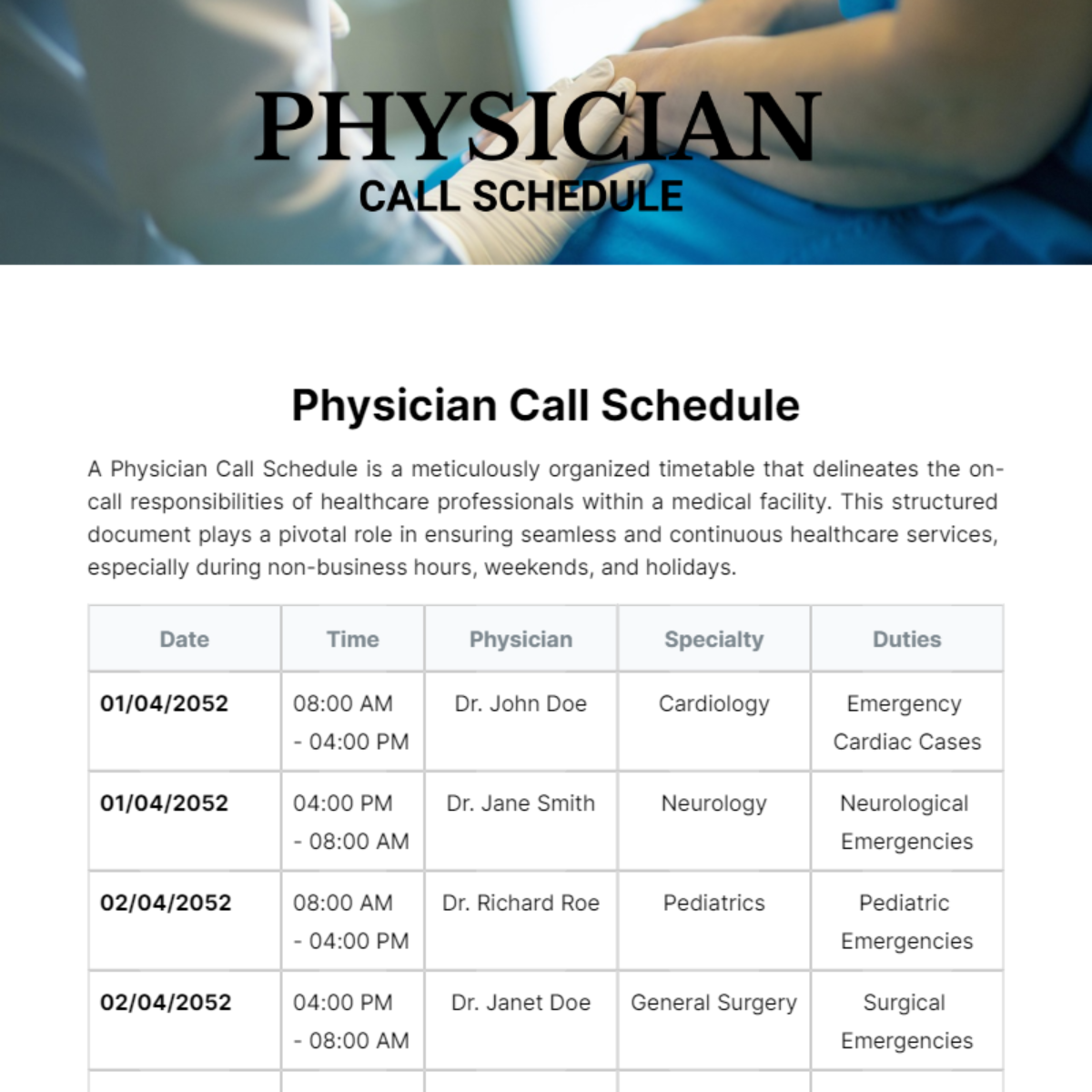 Physician Call Schedule Template