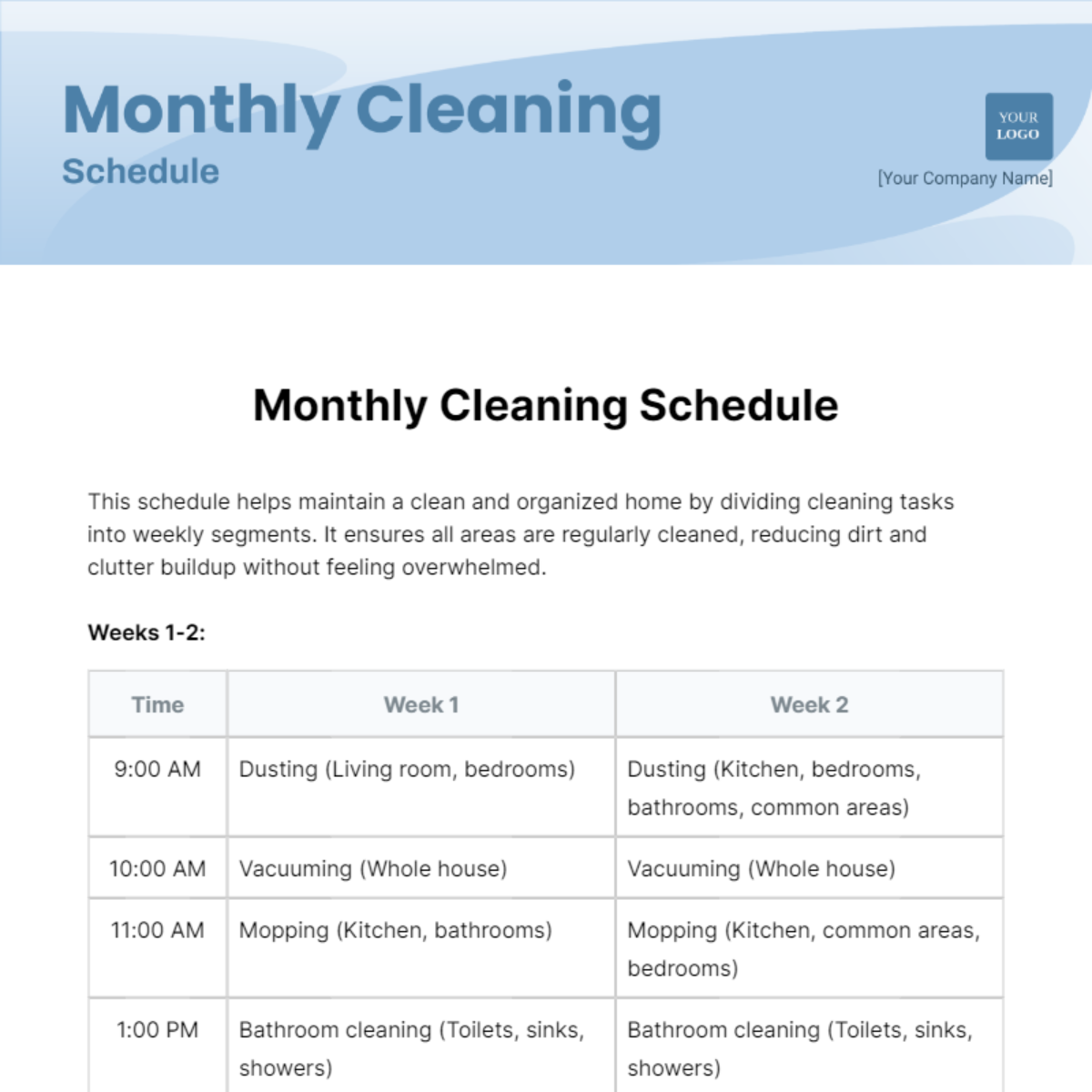 Monthly Cleaning Schedule Template
