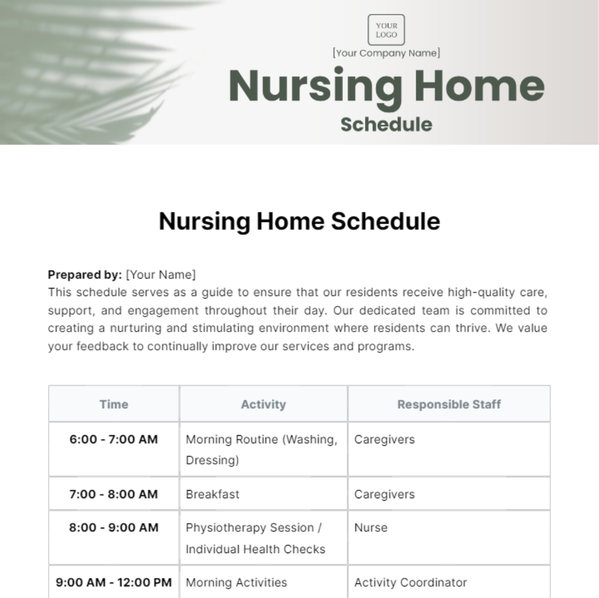 Nursing Home Schedule Template