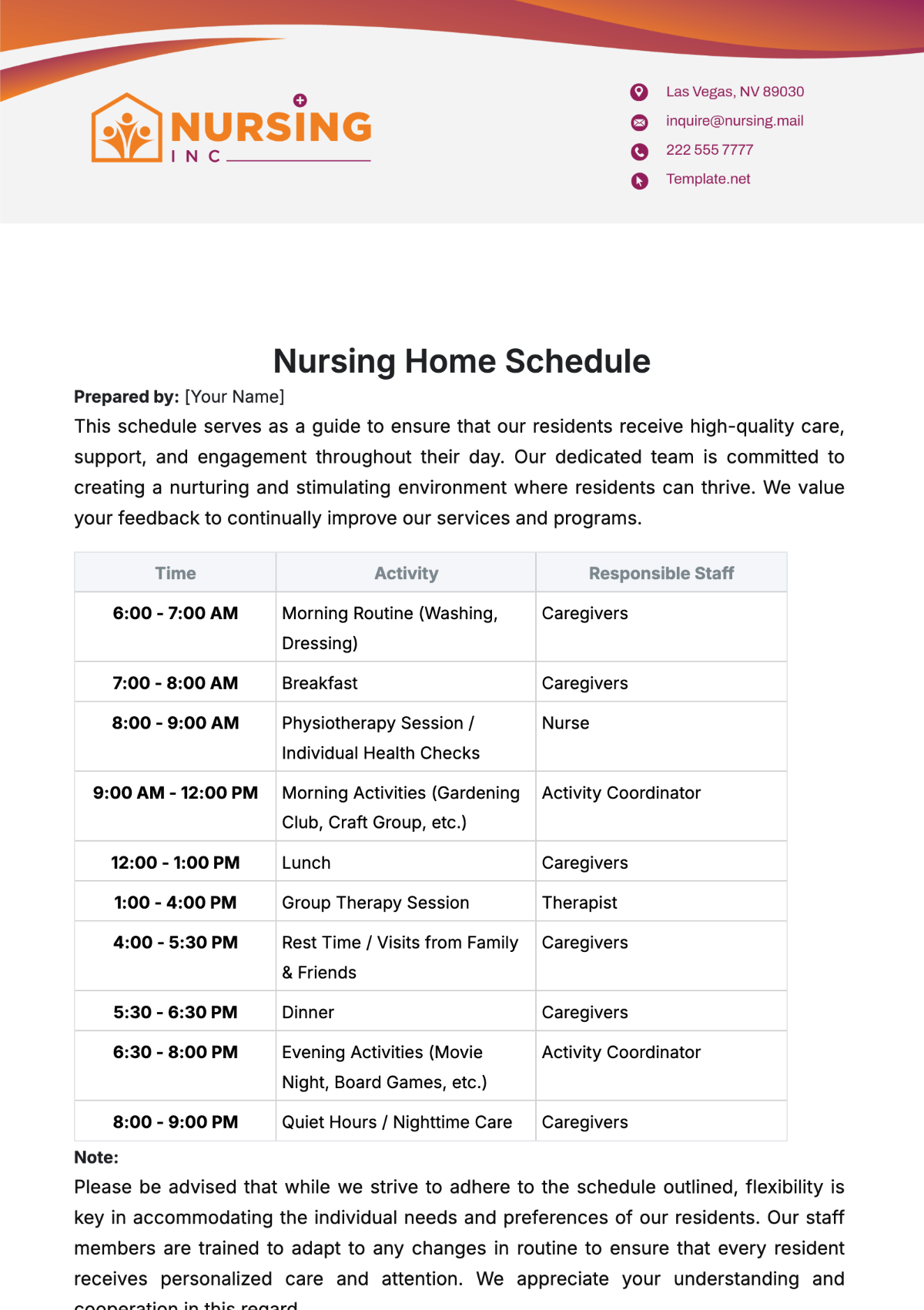 Nursing Home Schedule Template