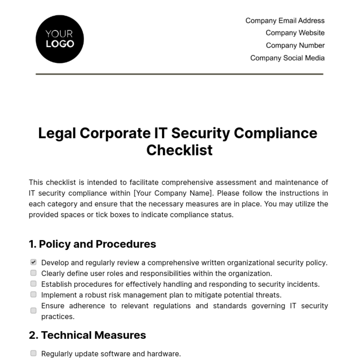 Legal Corporate IT Security Compliance Checklist Template