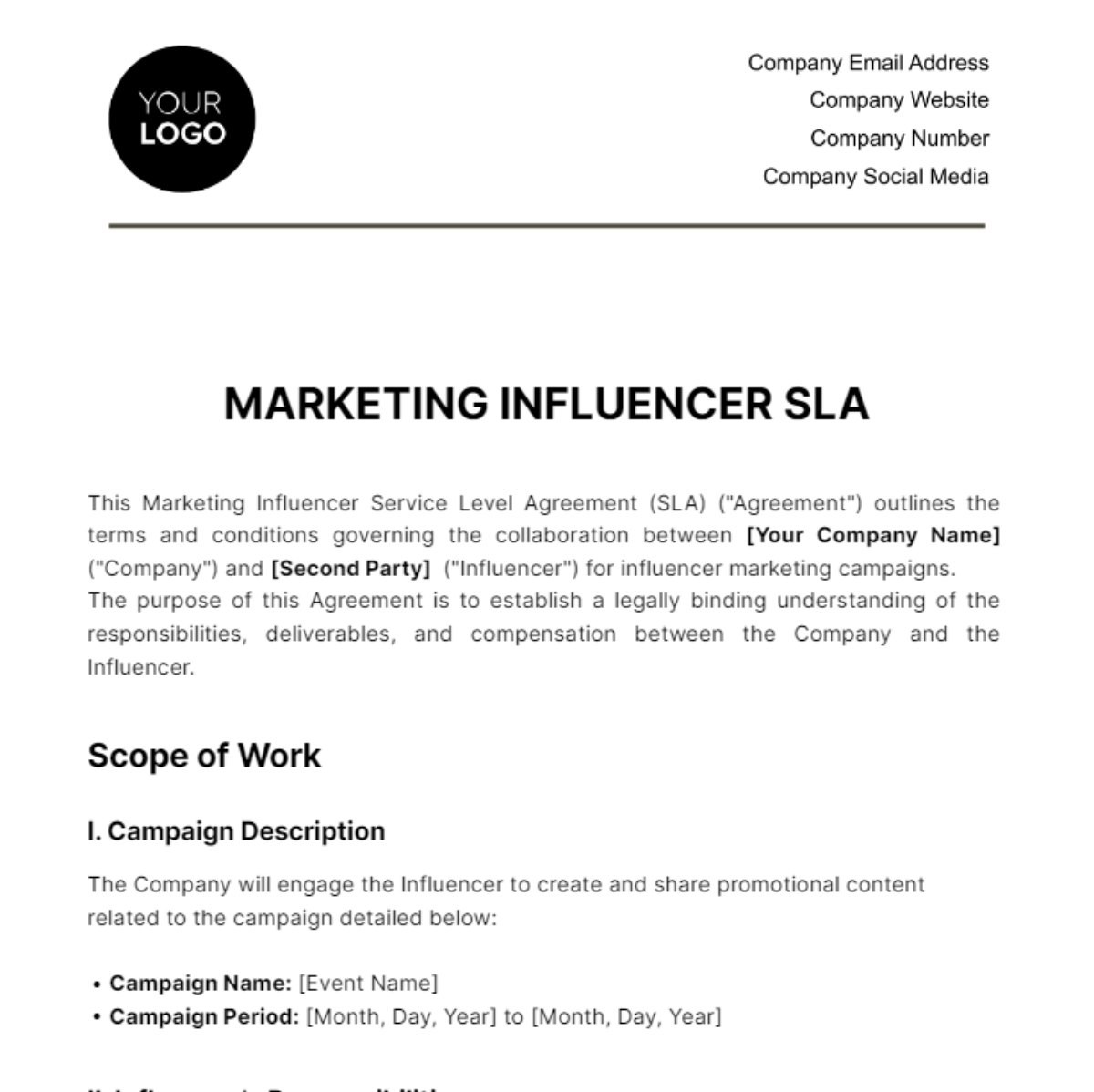 Marketing Influencer SLA Template