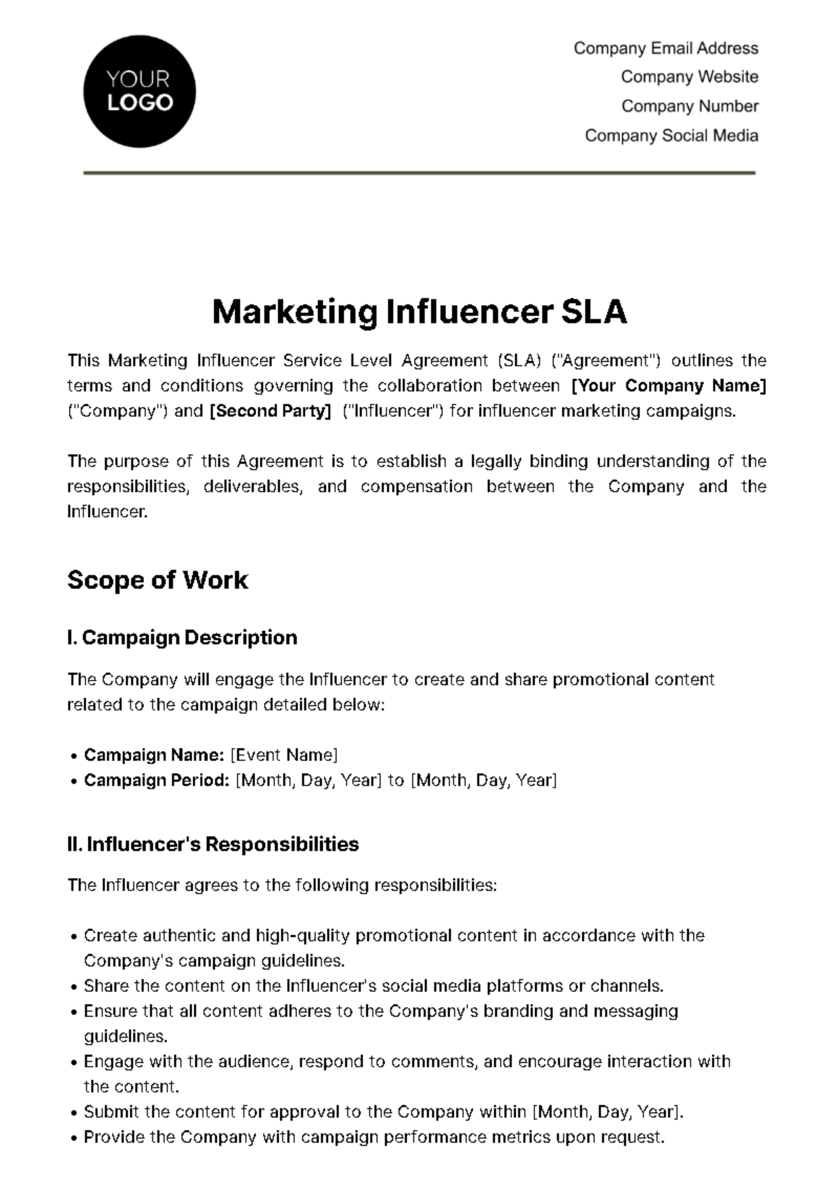 Marketing Influencer SLA Template