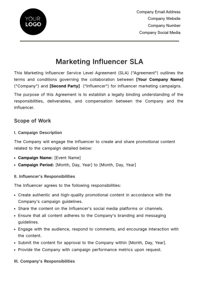 Free Marketing Influencer SLA Template to Edit Online