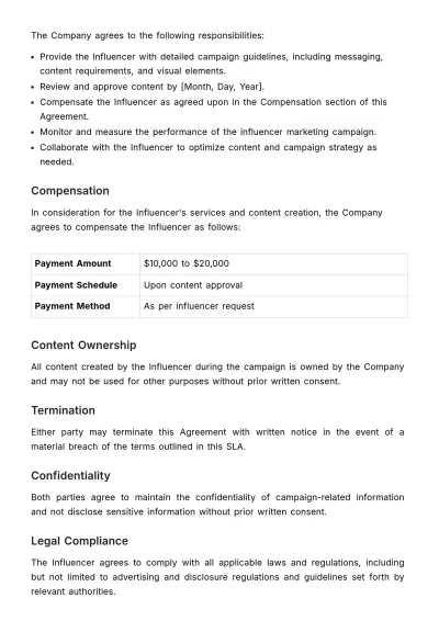 Free Marketing Influencer SLA Template to Edit Online