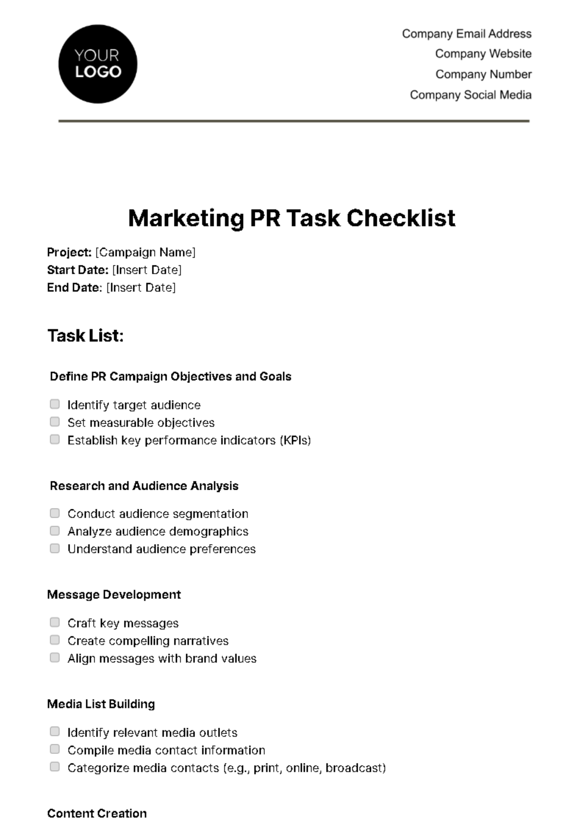 Free Marketing PR Task Checklist Template