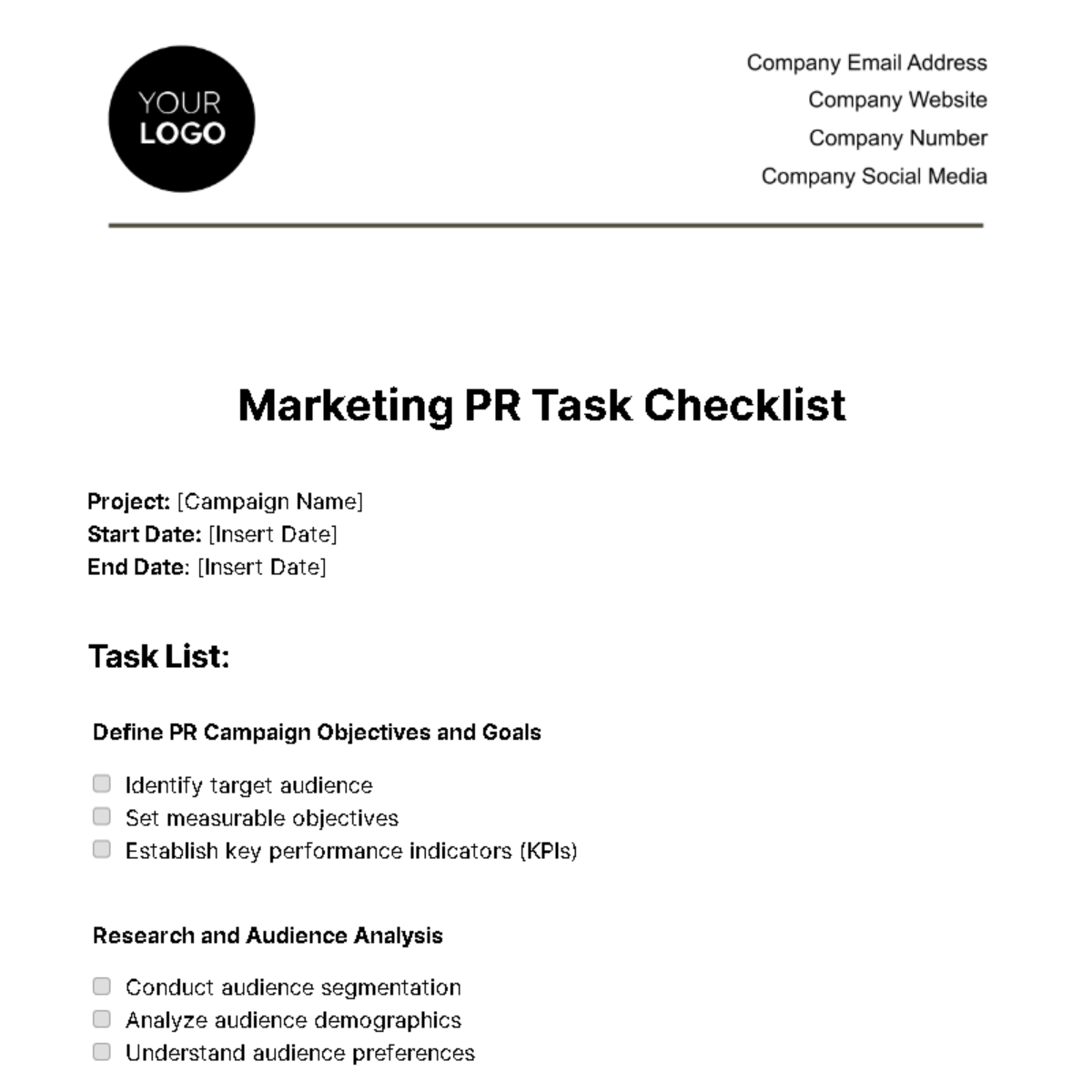 Marketing PR Task Checklist Template - Edit Online & Download