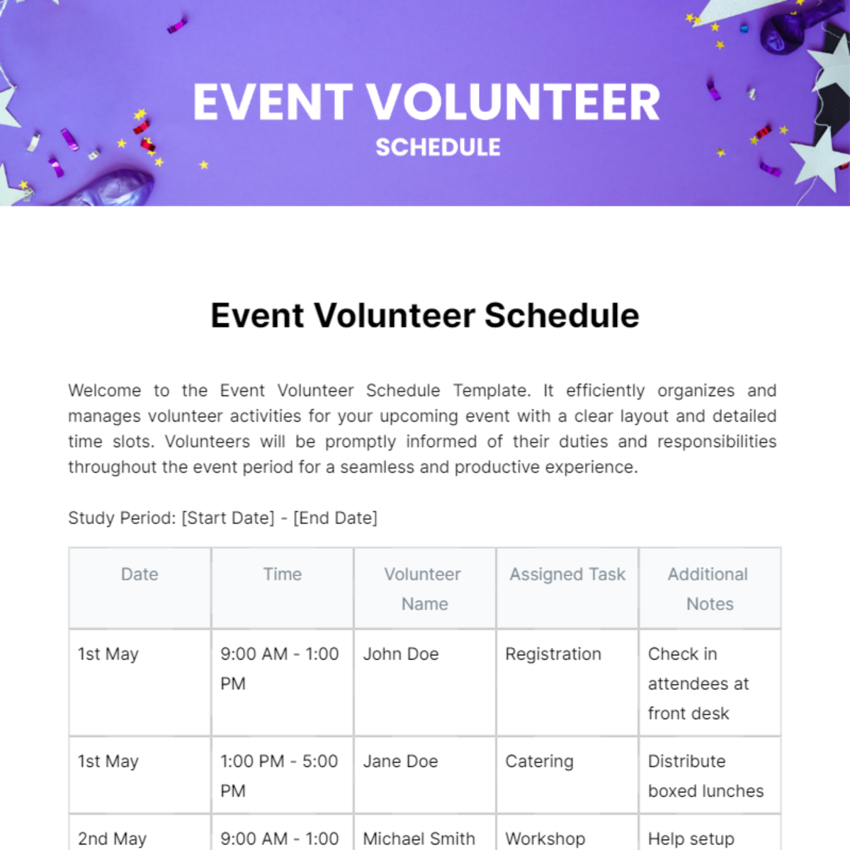 Event Volunteer Schedule Template