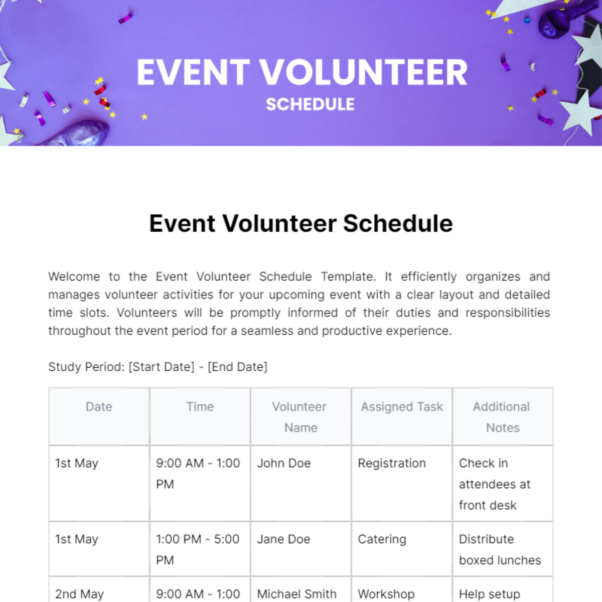Free Event Volunteer Schedule Template To Edit Online
