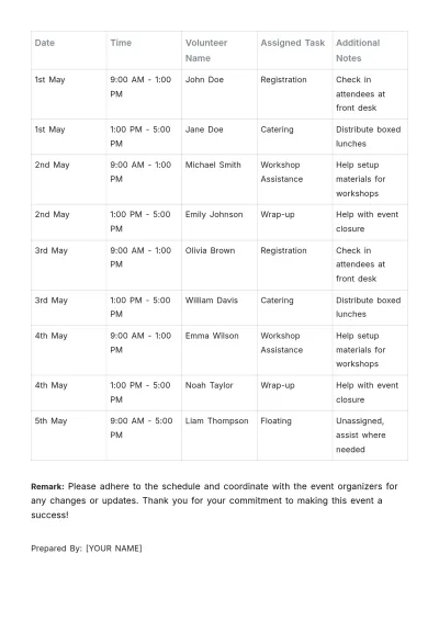 Free Event Volunteer Schedule Template to Edit Online