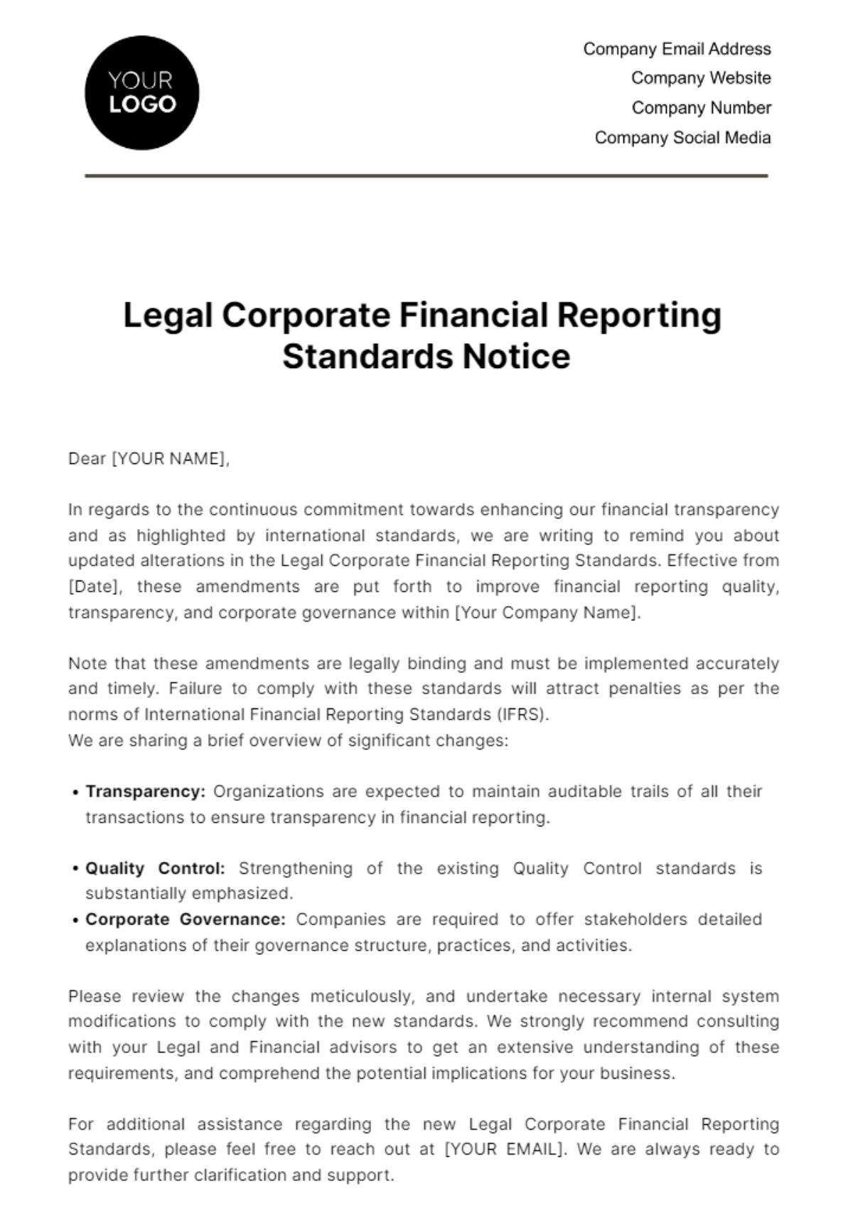 Legal Corporate Financial Reporting Standards Notice Template