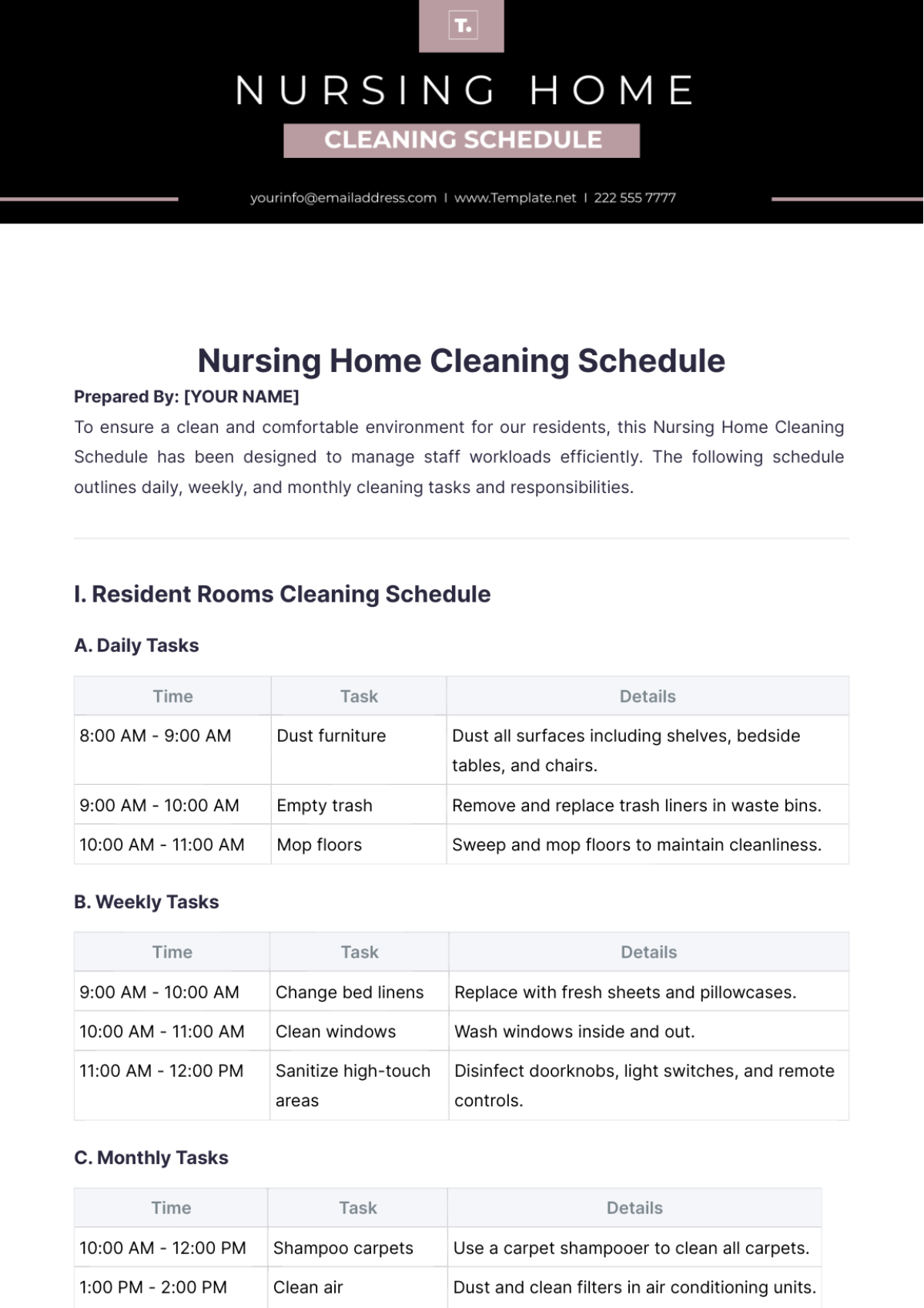 Nursing Home Cleaning Schedule Template - Edit Online & Download