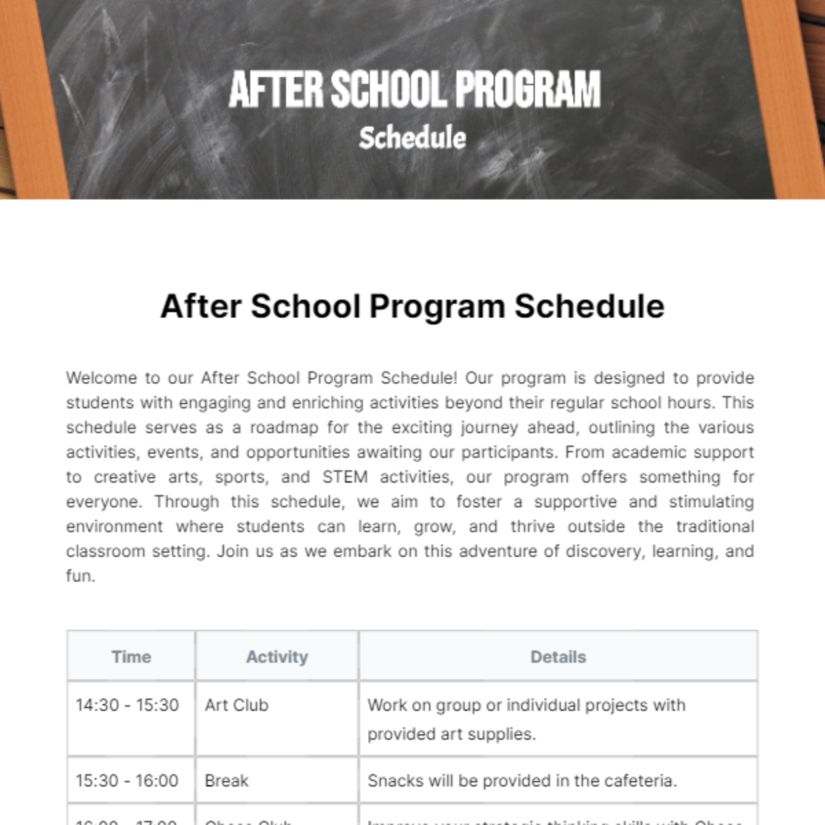 After School Program Schedule Template
