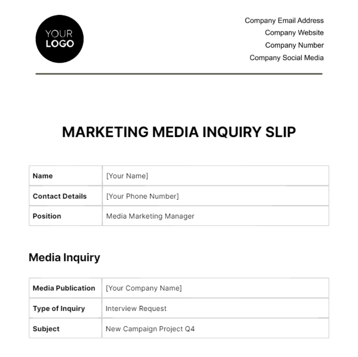 Marketing Media Inquiry Slip Template
