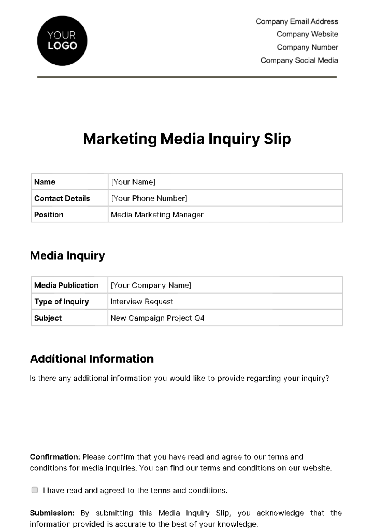 Free Marketing Media Inquiry Slip Template