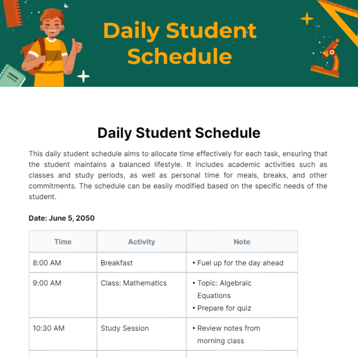 Daily Student Schedule Template