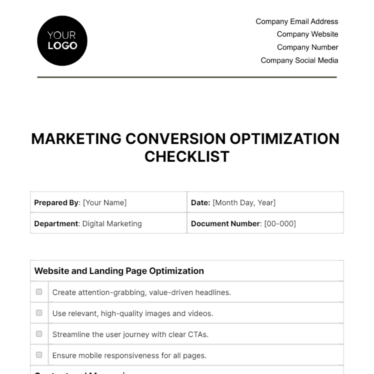 Marketing Conversion Optimization Checklist Template