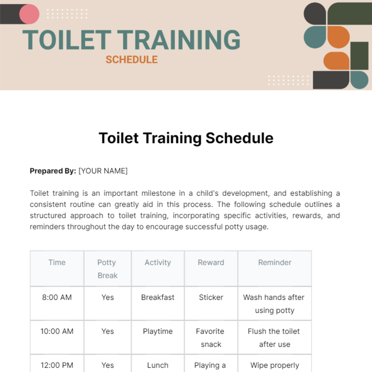 Toilet Training Schedule Template