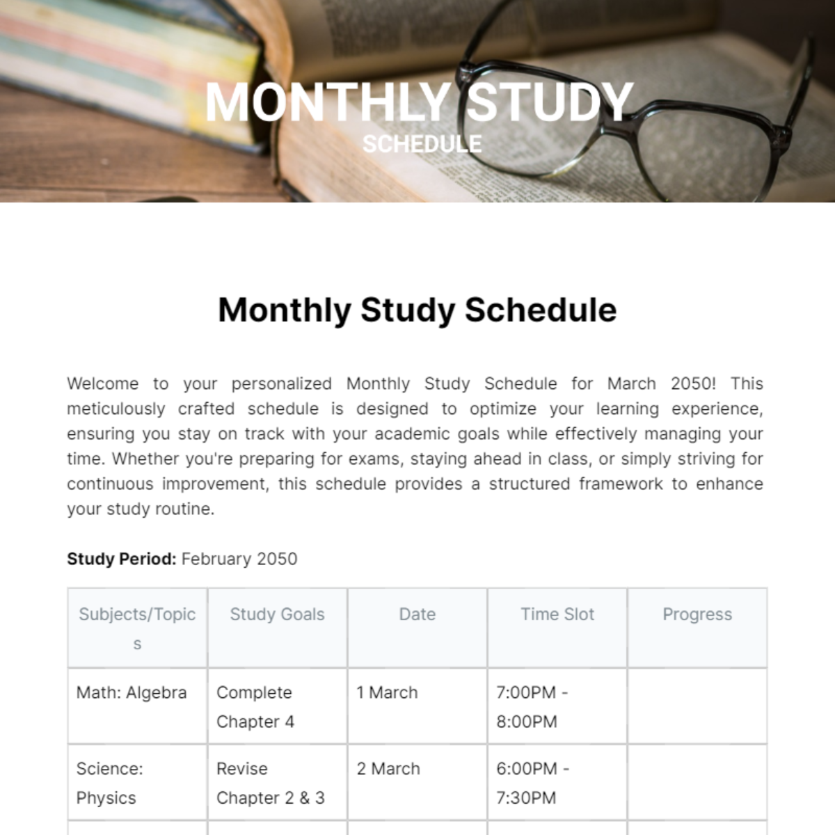 Monthly Study Schedule Template