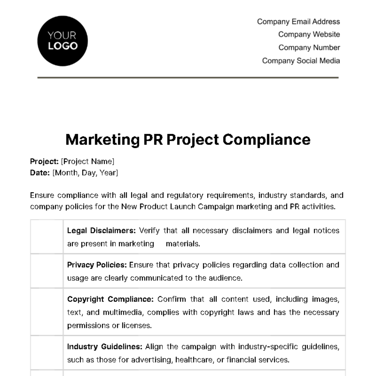 Marketing PR Project Compliance Template