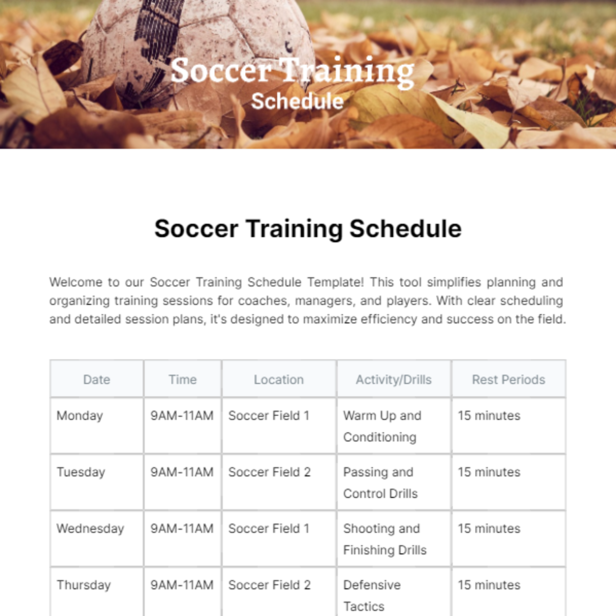 Soccer Training Schedule Template