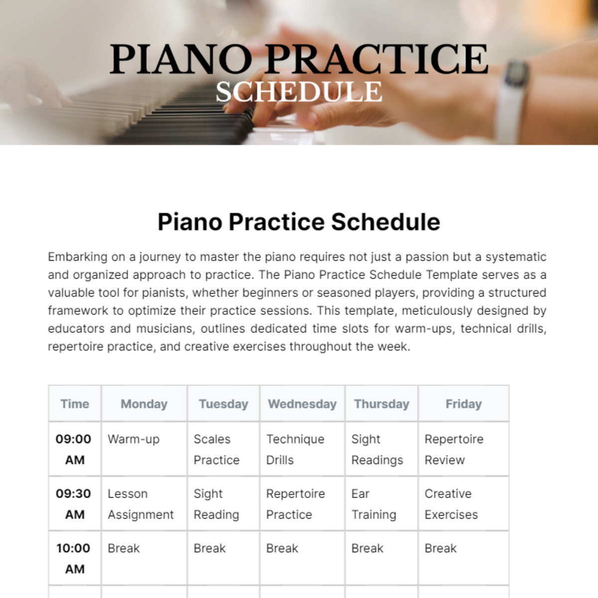 Piano Practice Schedule Template - Edit Online & Download