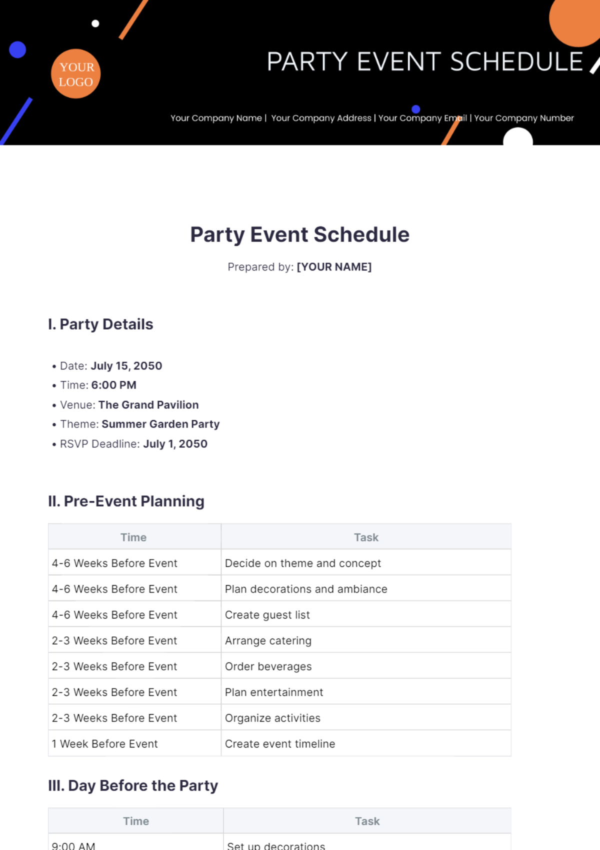 Party Event Schedule Template - Edit Online & Download