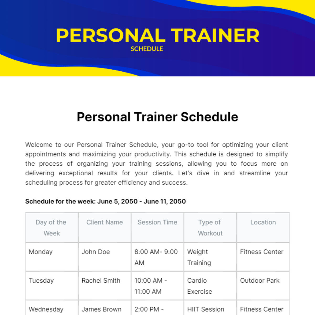 Personal Trainer Schedule Template