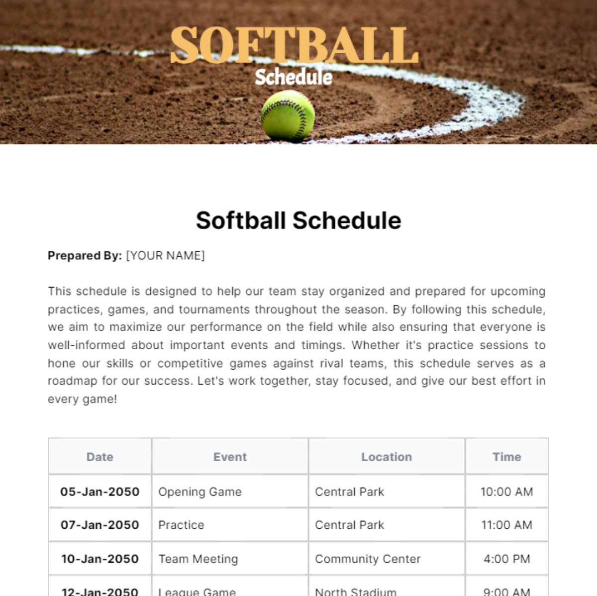 Softball Schedule Template