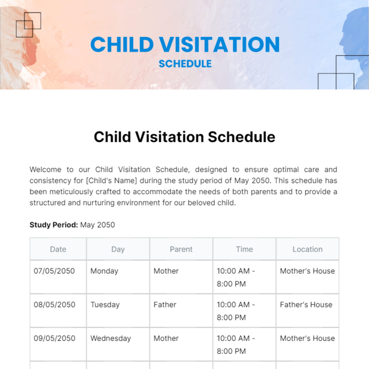 Child Visitation Schedule Template