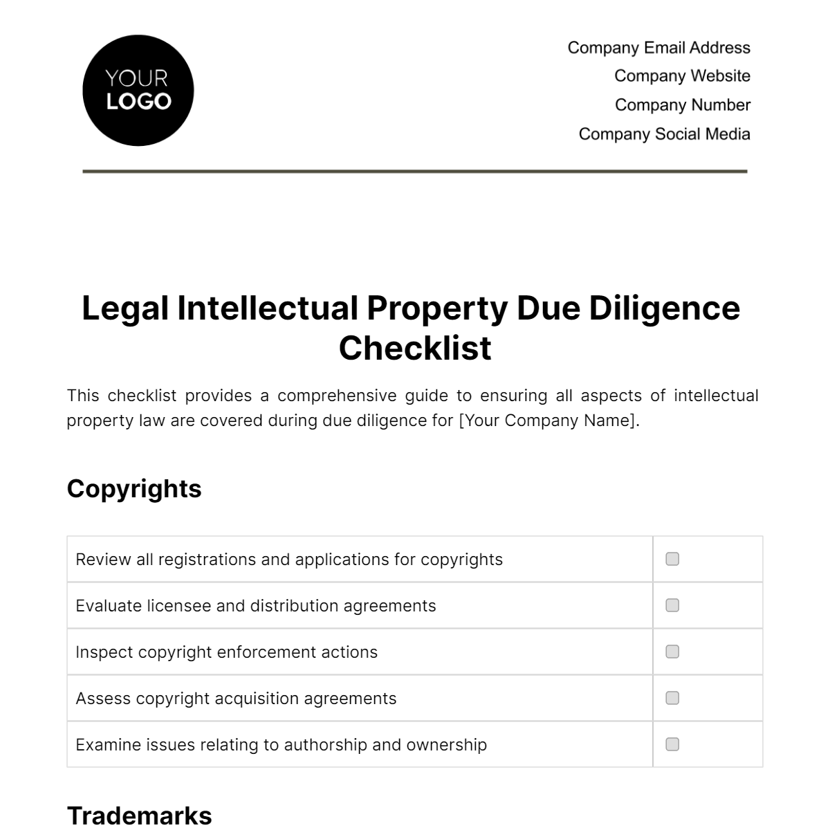 Free Legal Intellectual Property Due Diligence Checklist Template