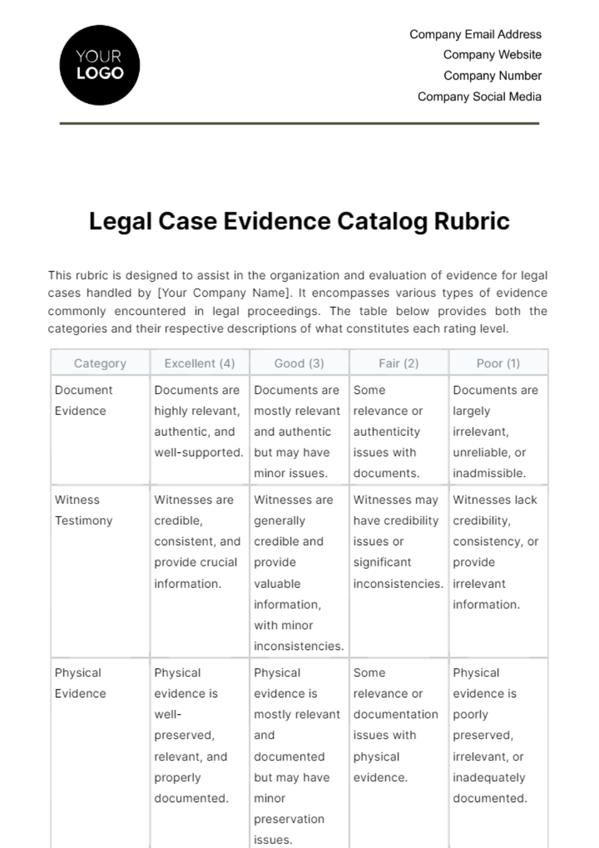 Free Legal Case Evidence Catalog Rubric Template