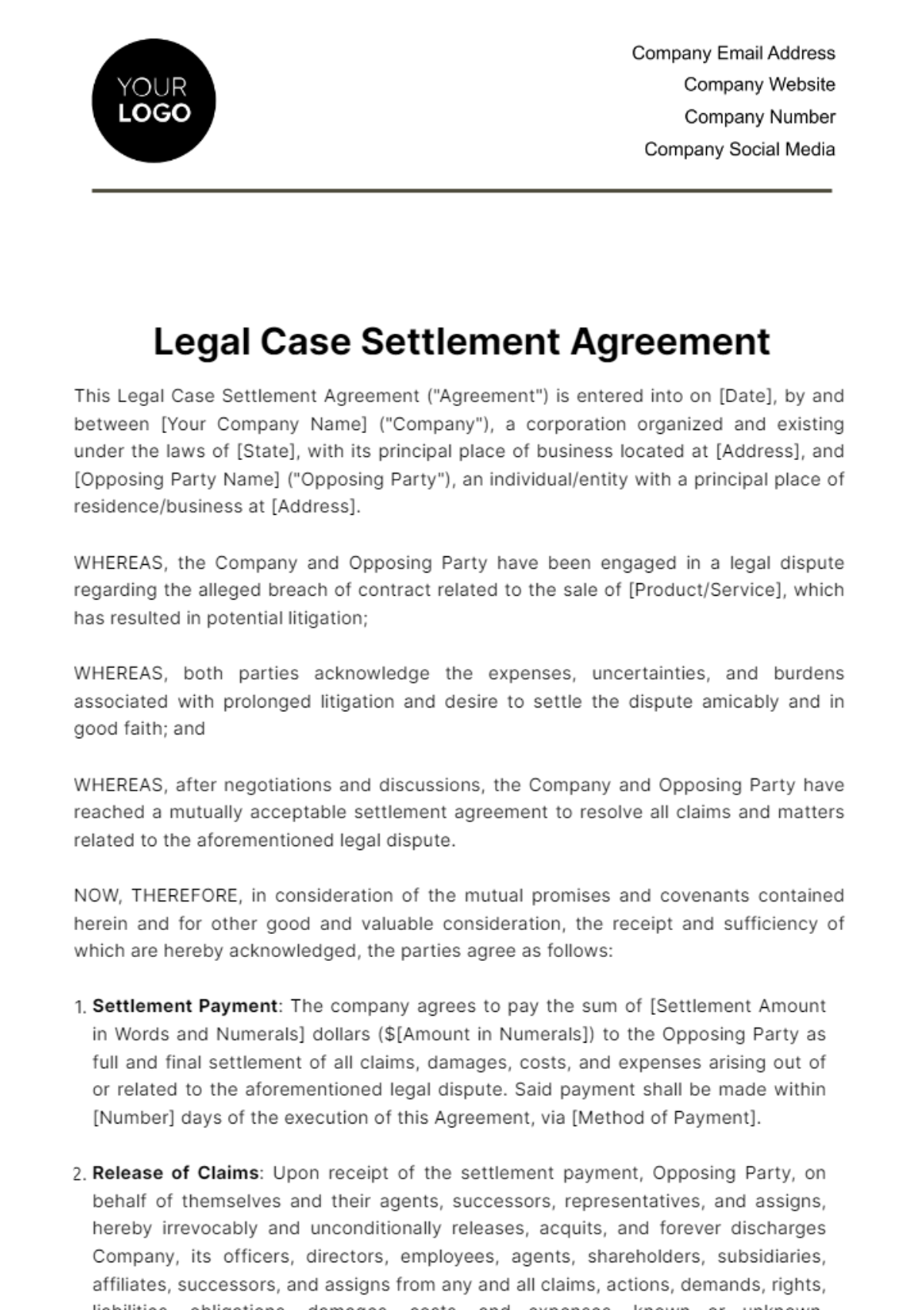 Legal Case Settlement Agreement Template