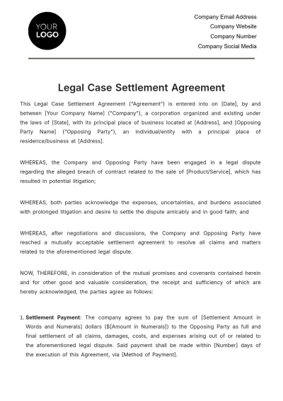 Free Legal Case Settlement Agreement Template to Edit Online