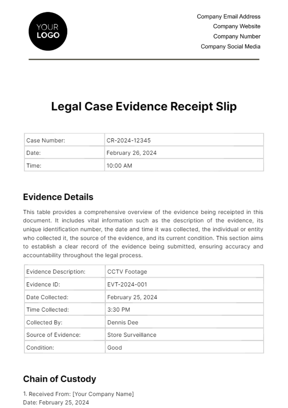 Legal Case Evidence Receipt Slip Template