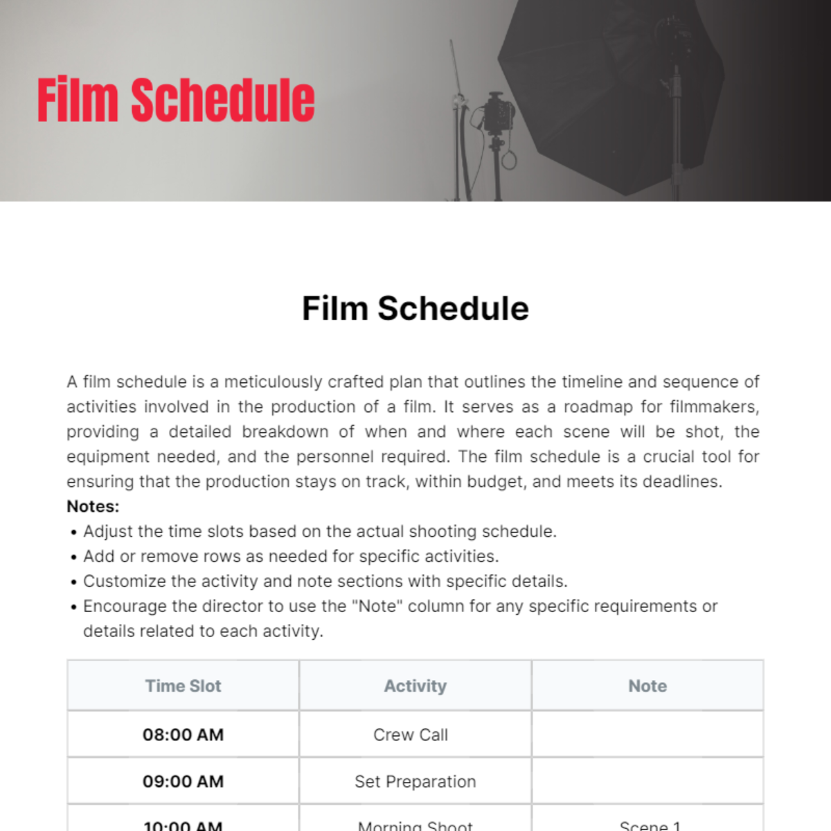 Film Schedule Template